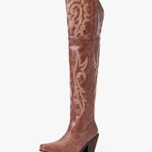 Embroidery Cowgirl Over The Knee Boots Pointed Toe Chunky Heel Size: 10.5